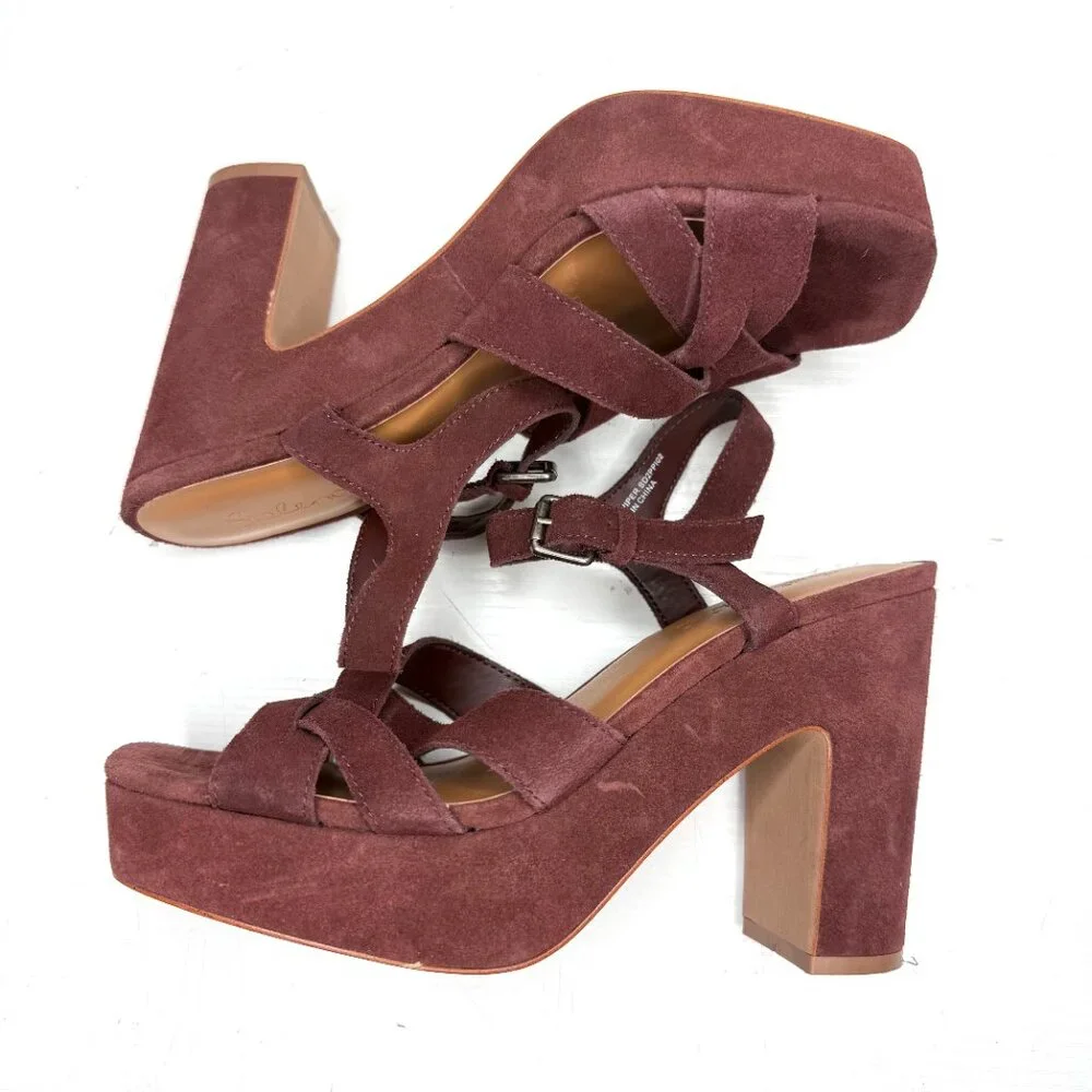 SPLENDID Piper Suede Leather Chunky Platform Ankle Strap Heel Sandals Womens 7.5